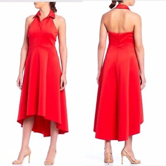 Belle Badgley Mischka Red High Low Collared Halter Dress Scuba Material size 4 - Picture 1 of 11